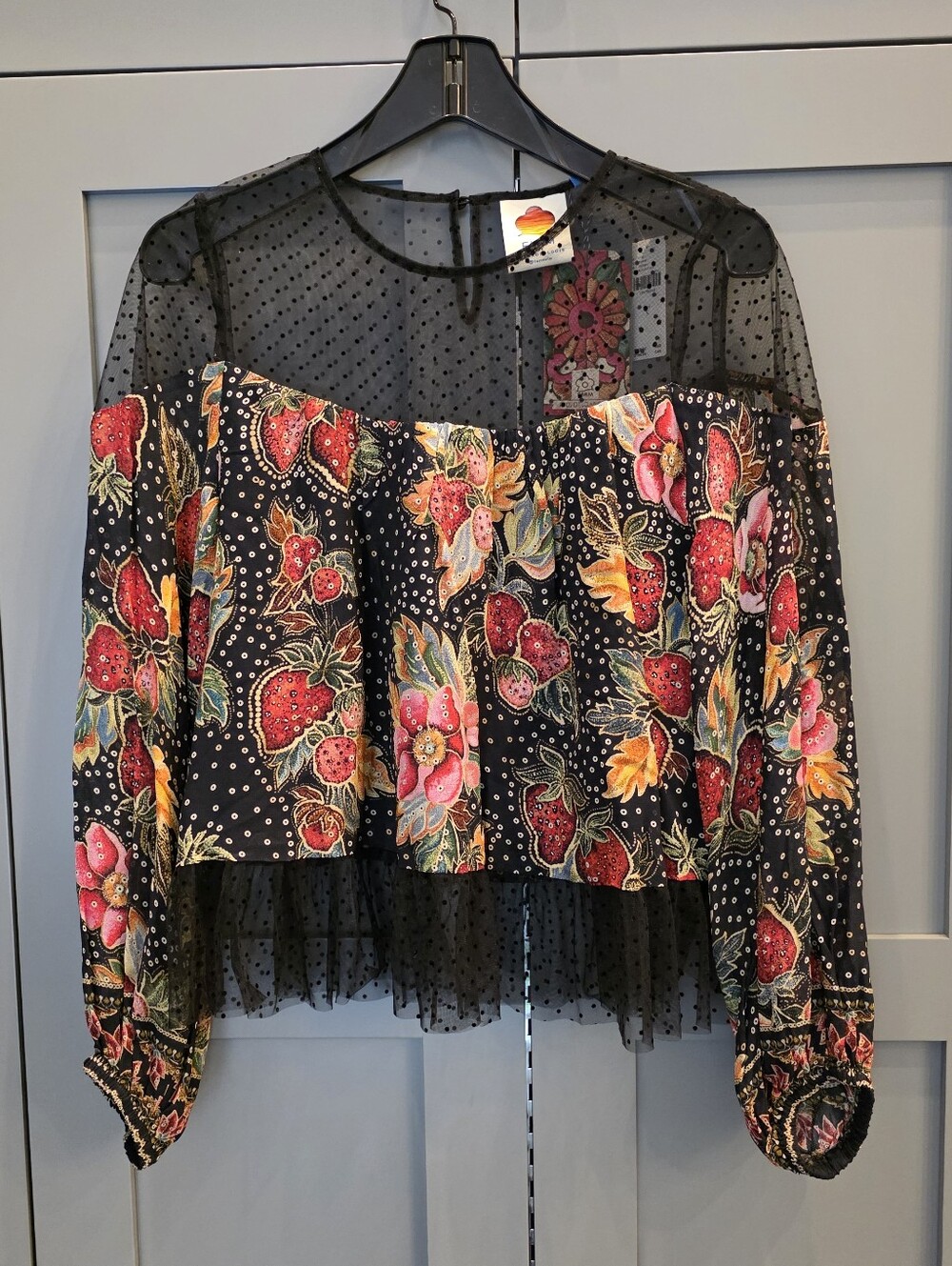 NWT Farm Rio x Anthropologie Sheer Mesh Polka Dot Floral Blouse Sz S Boho - Picture 3 of 11
